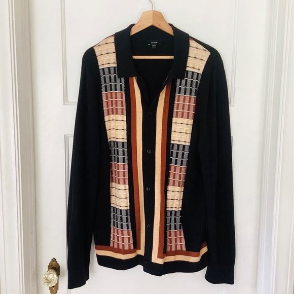 Express Men’s Button Up Collated Sweater Size L Cotton Preppy Brown Black Woven - Picture 13 of 13